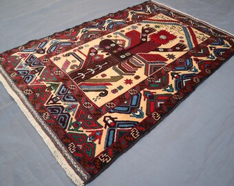 Afghan Antique Rug 3.0x4.11 Geometric Balochi Rug/ Fine Quality Oriental Antique Rug in Excellent Condition/ Handmade Wool Soft Pile Rug 3x5
