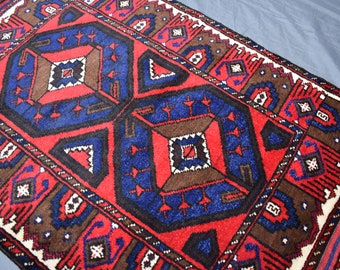 3x5 Ft Afghan Vintage Geometric Rug- Handmade 100% Wool Baluchi Rug- Red Blue Area Rug- Bedroom Kitchen Rug, Kids Boho Oriental Rug 2.11x4.6