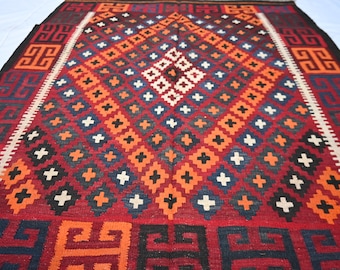 5x6 Ft Vintage Geometric Kilim Area rug, Vintage area rug, Handwoven Flat woven kilim Vintage rug, Kitchen Area Rug, Living Room Bedroom Rug
