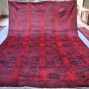 10x13 Ft Large Area Red Rug, Afghan Ersari Antique Soft Pile Wool Rug, Handmade Oriental Rug, Tribal Vintage Rug, Distressed faded Rug 10x13
