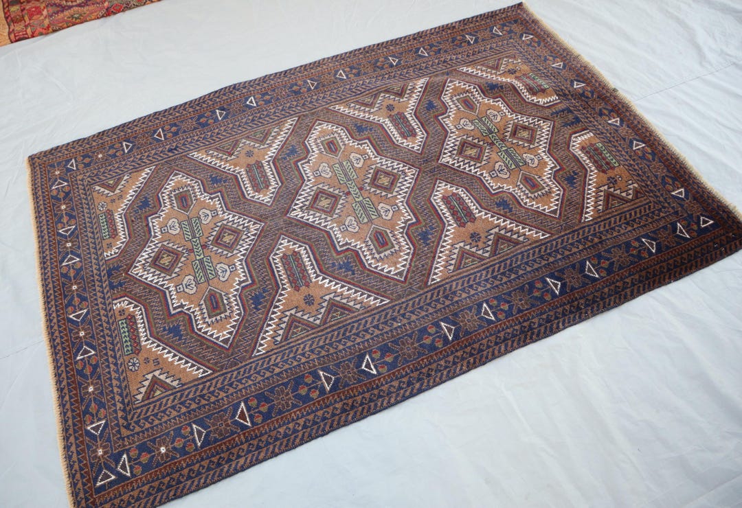 4x6 Geometric Baluchi Rug/ 100% Wool Handmade Area Rug/ Ethnic Turkmen ...