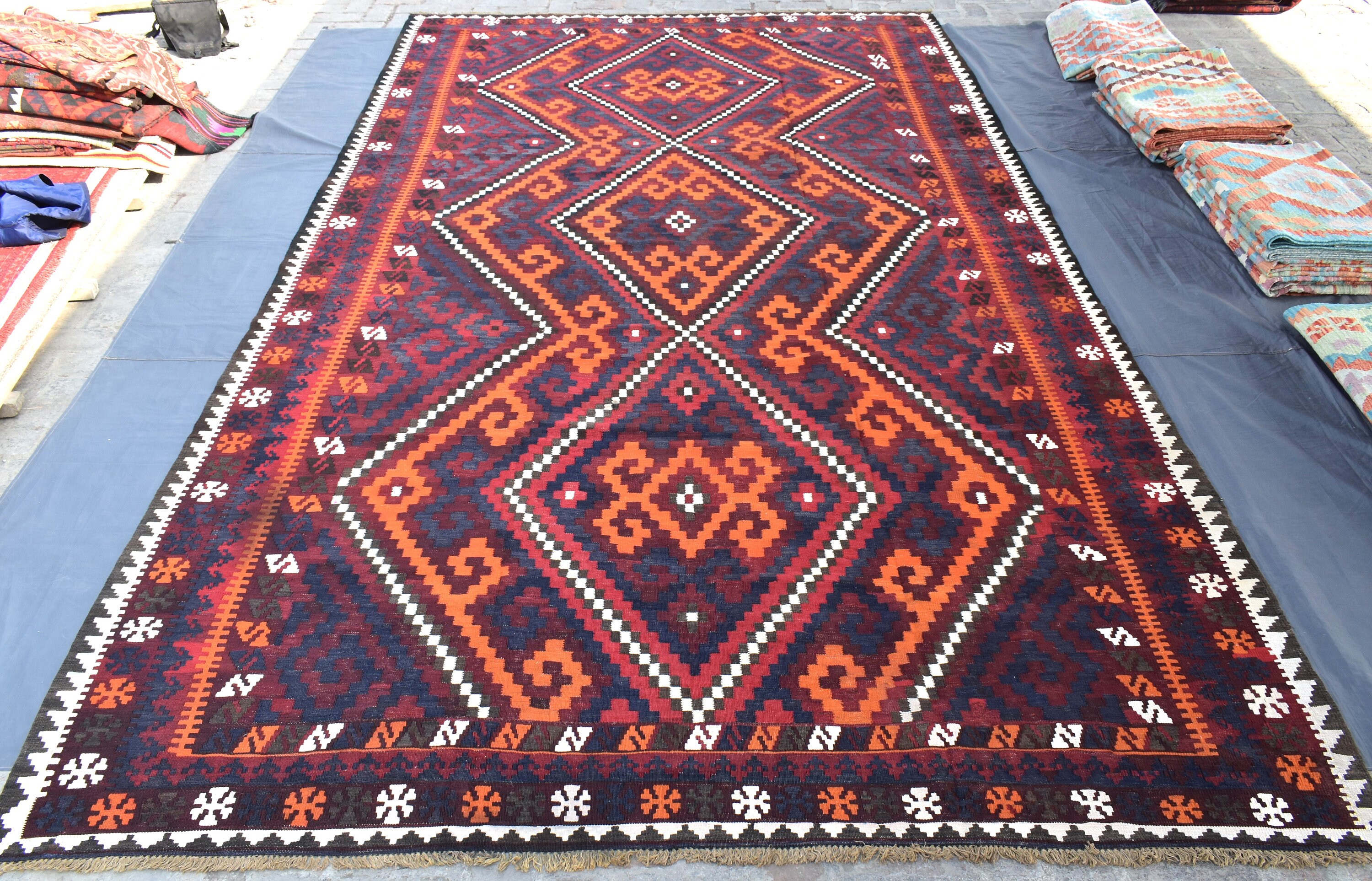 9x16 Large Antique Afghan Terracotta Orange Kilim Rug Authentic ...