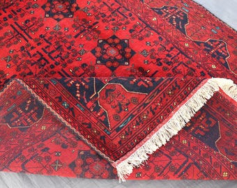 Tapis rouge turkmène Boukhara 5 x 6 noué à la main, beau tapis 100 % laine de haute qualité, tapis afghan, tapis tribal, tapis de salon à poils doux