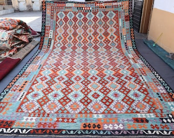 10 x 16 ft Afghaanse kelimtapijt - platgeweven handgemaakt wollen natuurlijk tapijt - tapijt met plantaardige kleurstoffen - geometrisch Turkmeens tapijt - oosters tapijt - vloerkleed slaapkamer