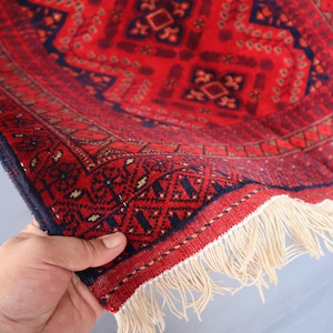 Red Bokhara Rug 3x4 Ft, Vintage Faded Medallion Rug, Red Afghan Handmade Rug, Turkmen Moroccan Rug, Rug For Living Room Bedroom, Accent Rug