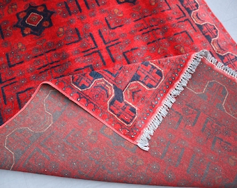 Alfombra Bokhara roja de 4x7 pies / Alfombra afgana de área de lana hecha a mano / Alfombra oriental Tekke Bukhara / Alfombra de dormitorio / Alfombras de mesa de comedor / Alfombra afgana oriental 4x7