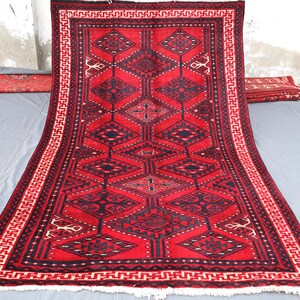 Red Vintage Rug 5x8 Ft/ Turkmen Red Bukhara rug 5.3x8.0 Ft Afghan Handmade Wool Area Rug/ Geometric design Oriental Rug/ Rug for Bedroom Rug