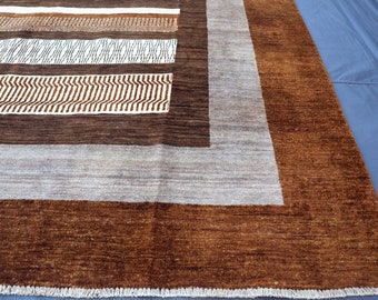 8x10 Ft Gabbeh Area Rug - Handmade Wool Rug - Natural Brown Rug - Living Room Rug 8x10 - Rugs for Bedroom 8x10 Brown - Striped Design Rug