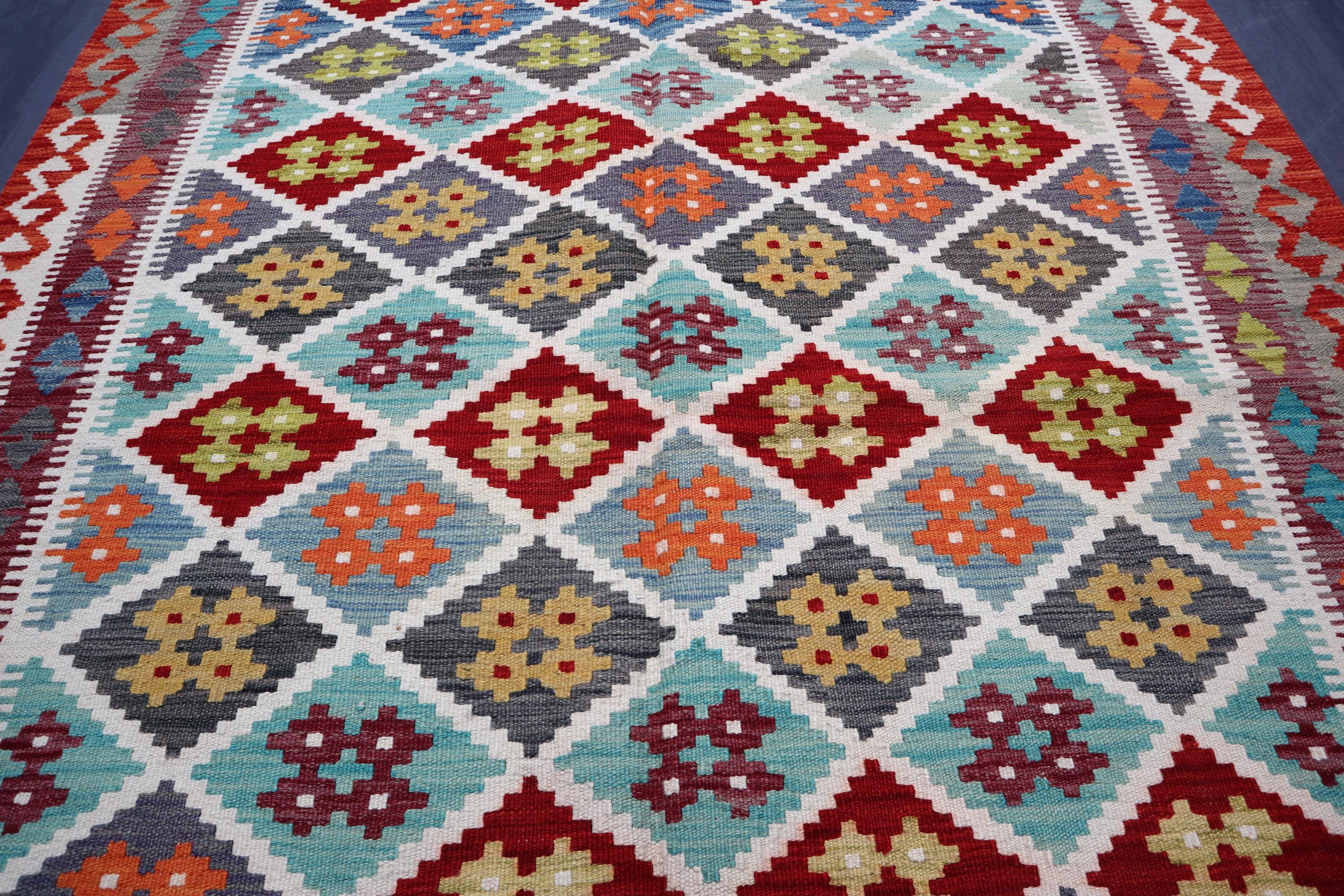 5 x 6 フィートのモダンな幾何学模様のキリムラグ、ターコイズキリム