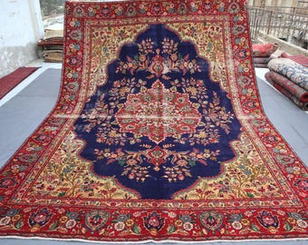 Gorgeous Antique Red Turkish Rug, Afghan Wool Area Rug, Handmade Wool Rug, Dark Blue Red Beige Rug, Vintage Area Rug, Living Room Rug 9x12