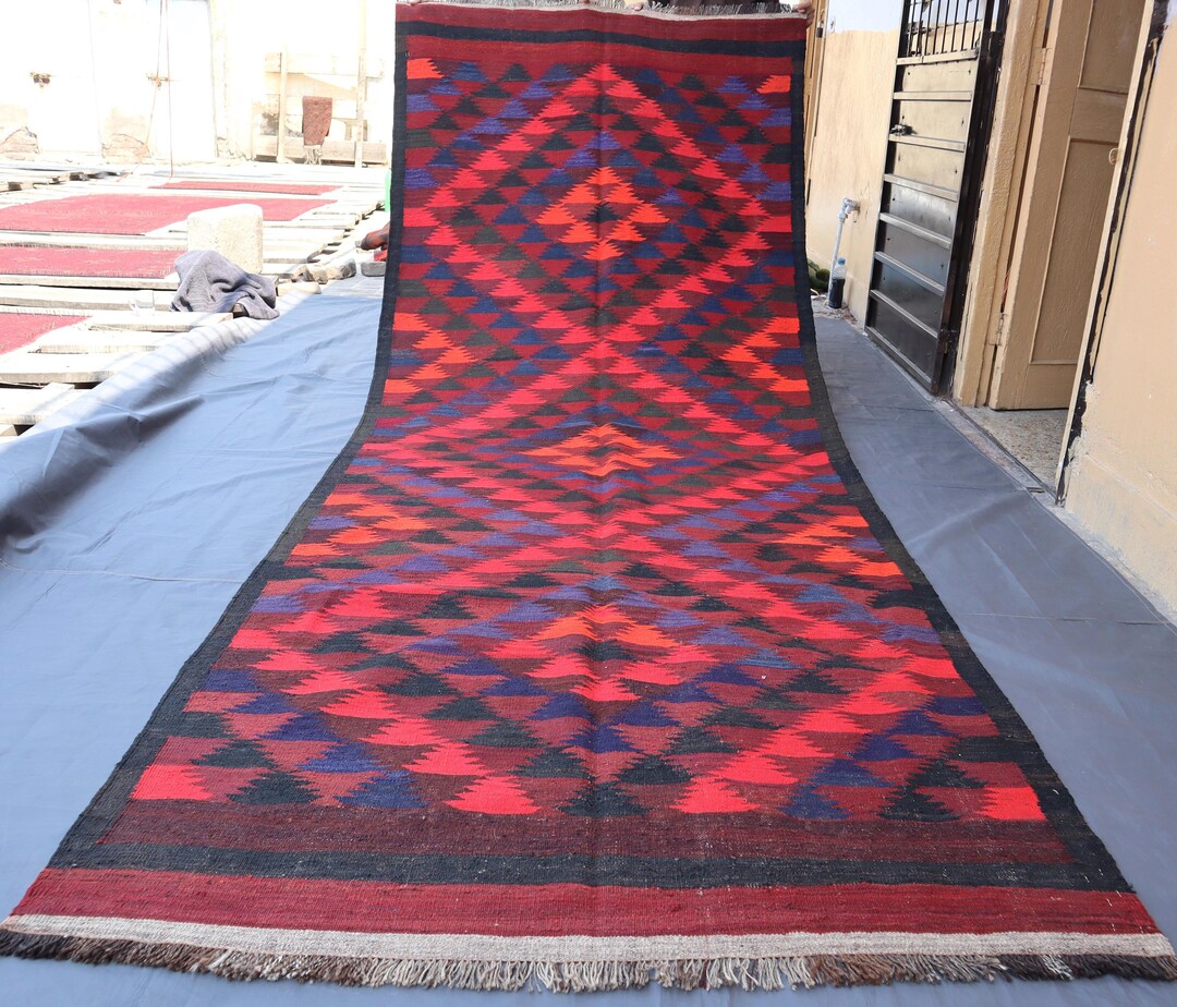 4x12 Wide Runner Antique Kilim/ Gallery Size Flatweave Geometric Rug ...