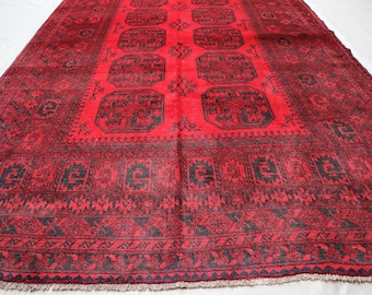 6 x 2,5 m Antiker Tekke Ersari Teppich, Weicher Flor Vintage Wollteppich, Afghanischer Teppich, Turkmenischer Buchara Teppich, Roter Teppich 200x260