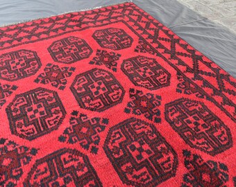 6x9 Feet Vintage Rug, Afghan Geometric Antique red Carpet, Handmade veg dyes Wool Area Rug, Tribal Turkmen Rug, Bedroom, Living Room Rugs,