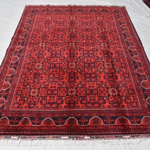 7.9 x 5.7 Ft Red Medium Area Rug, 6x8 Ft Turkmen Hand-knotted Wool Rug, Oriental Rug, Living Room Home Décor Red Carpet, Afghan Bukhara Rug,