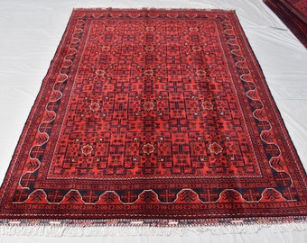 7.9 x 5.7 Ft Red Medium Area Rug, 6x8 Ft Turkmen Hand-knotted Wool Rug, Oriental Rug, Living Room Home Décor Red Carpet, Afghan Bukhara Rug,