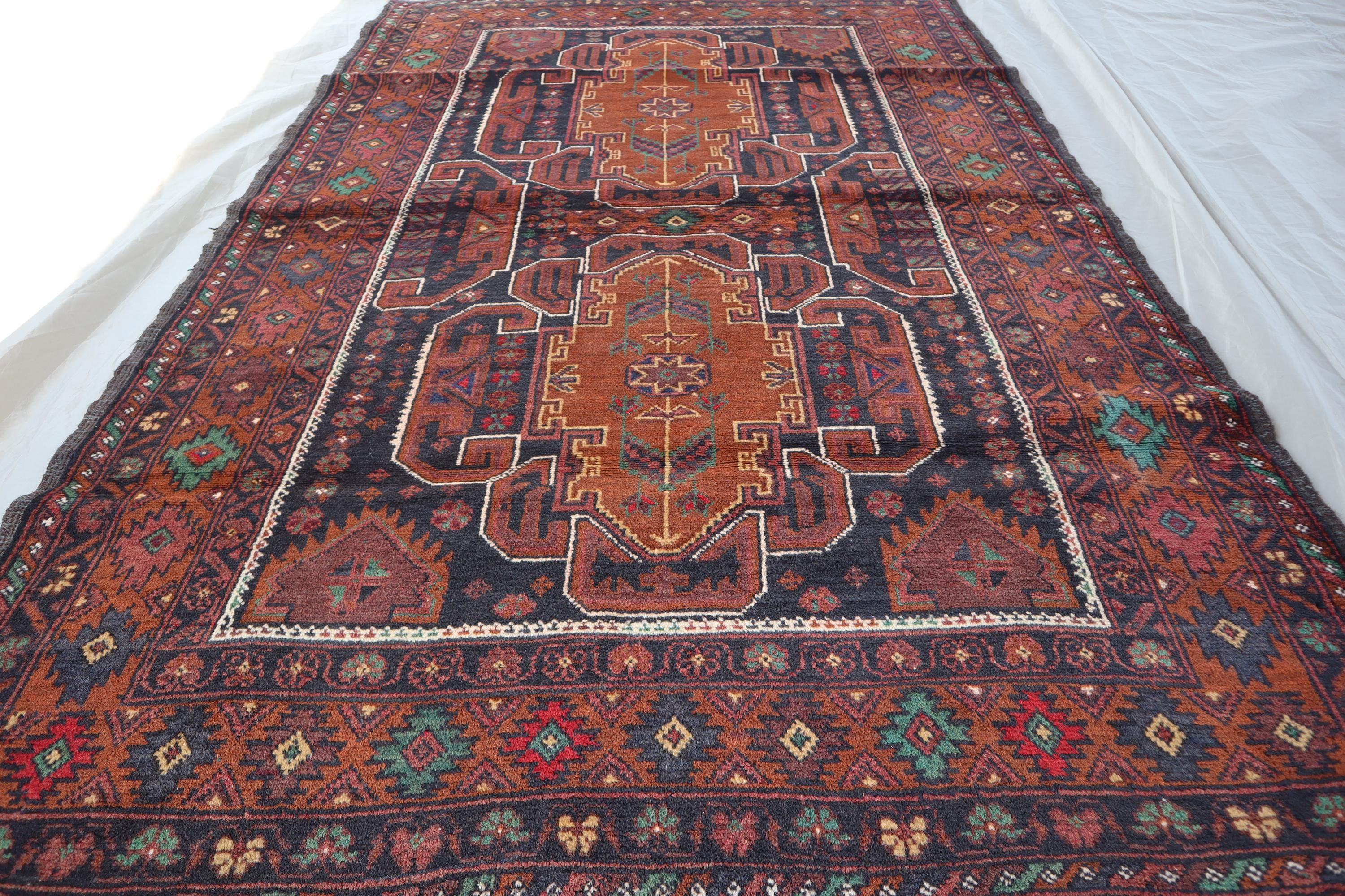 Afghan Tribal Baluchi Rug, 3.10x5.10 Ft Soft Pile Wool Area Rug
