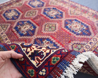 Turkmen Area Rug 5.1x6.6 Ft/ Afghan Bokhara Rug/ Tribal Bukhara Rug/ Hand Knotted Wool Rug/ Oriental Turkmen Rug Bedroom Rug Living Room Rug
