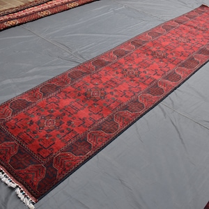 13 Ft Red Bukhara Runner Rug - Afghan hand knotted Veg Dyes Wool Oriental Runner Rug - Hallway Runner - Kitchen runner - Traditional runner