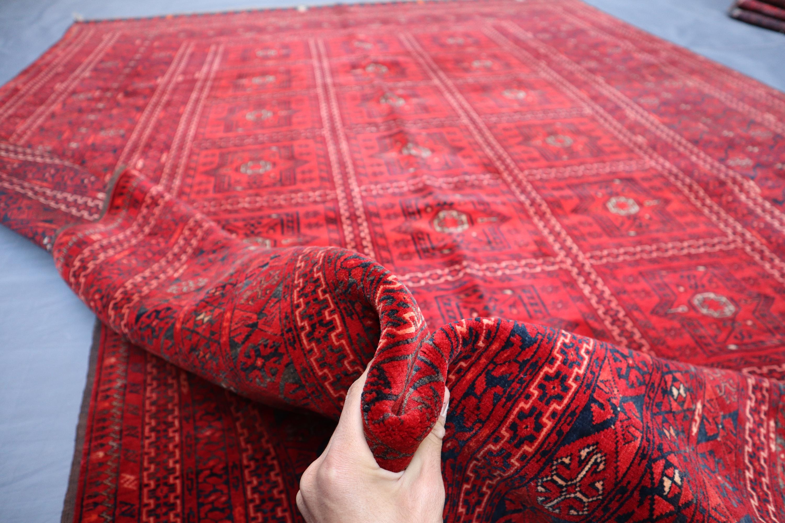 Afghan Antique Rug 6.10x9.6 Ft, Afghan Hand Knotted Wool Area Rug, Vintage Tribal Rug, Ersari Bukhara Rug, Oriental Red Rug, Bedroom Rug 7x9
