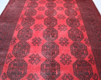 レッドアンティークアフガンラグ 7 x 9 フィート/ヴィンテージトルク