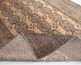 Alfombra de terracota turcomana antigua de 2,13 x 2,74 m, alfombra de lana de gran tamaño, alfombra caucásica afgana, alfombra de lana de pelo corto hecha a mano, alfombra con diseño de pata de elefante de 2,13 x 2,74 m