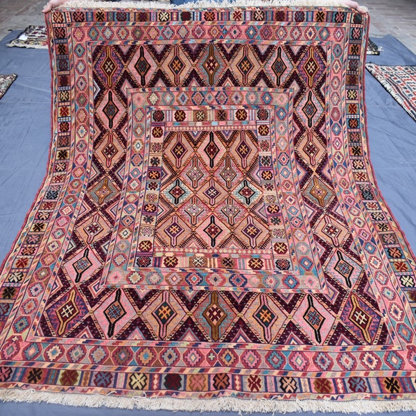 5x6 Ft Afghan Rug, Afghan Kilim Area Rug, Authentic Handmade Veg dyes Wool flatweave Rug, Oriental Turkmen Rug, Pink Mushwani Area Rug, Rugs