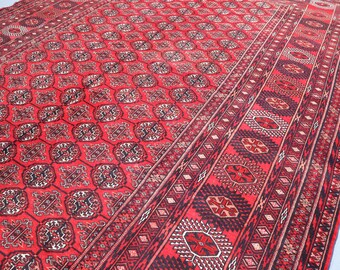 Antique Ersari Rug, 8x10 Ft Vintage Turkmen Rug, Afghan Handmade Low Pile Wool Area Rug, Oriental Red Bukhara Rug, Living Room, Bedroom Rug