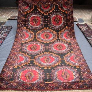 Alfombra Baluchi afgana / 4x7 pies / Alfombra de área de lana hecha a mano / Alfombra antigua turcomana 4x7 / Alfombra roja Bukhara / Alfombra afgana oriental / Alfombra de dormitorio / Alfombra de oficina