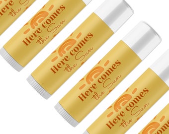 Bulk Party Favors " Here Comes the Sun " Personalized Tube Lip Balm Baby Shower lip Balm Favors " Here Comes the Son "