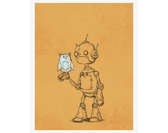 Robot and Owl, Children's Wall Decor, Home Office Decor, Robots