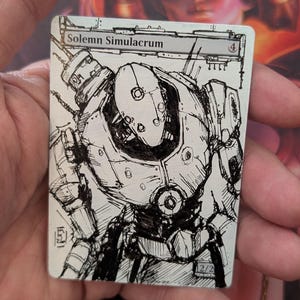 May include: A rectangular trading card featuring a black ink sketch of a robotic figure on a white background. The text Solemn Simulacrum is printed at the top, with the number 4 in a circle on the right and 2/2 in a box at the bottom right.