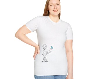 Robot and Bird Graphic T-Shirt, Sci-Fi Tee