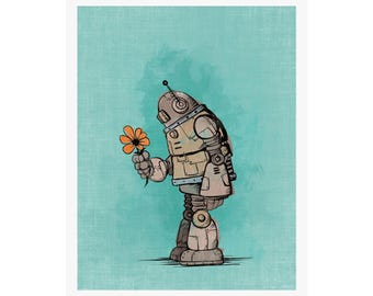 The Robot and the Flower, Children's Wall Decor, Home Office Decor, Robots