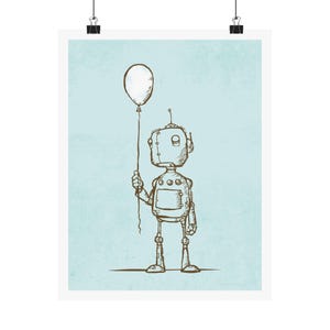 May include: A whimsical art print featuring a brown sketch of a robot holding a balloon. The robot has a square head with a small antenna and a rectangular body. The background is a light blue color.