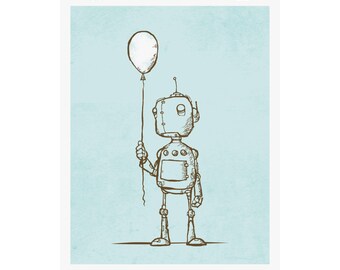 Robot with Balloon, Children's Wall Decor, Home Office Decor, Robots