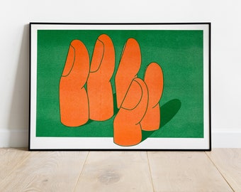 Könnte beinhalten: Abstrakter Kunstdruck mit vier orangefarbenen fingerartigen Formen auf grünem Hintergrund.