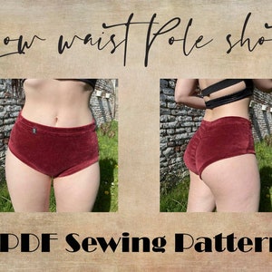 Può includere: Un cartamodello PDF per pantaloncini da pole a vita bassa. I pantaloncini sono realizzati in tessuto di velluto rosso. Il cartamodello include due immagini dei pantaloncini indossati.