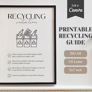 Letrero con instrucciones de reciclaje de Airbnb / Guía de clasificación de basura / Plantilla de Canva totalmente personalizable / A4, Carta (EE. UU.), 5x7 / Descarga imprimible