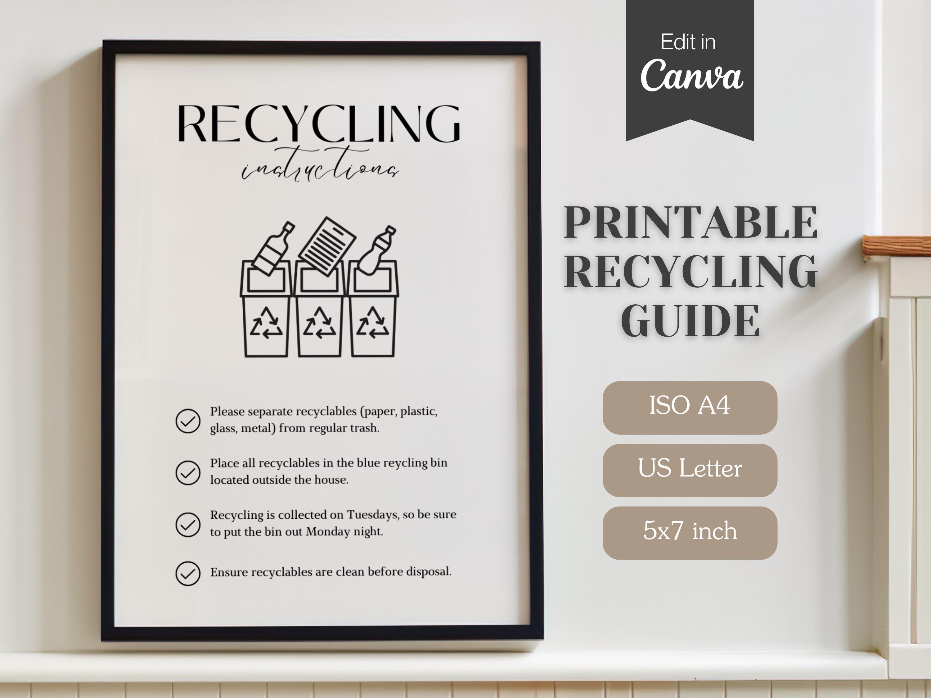 Airbnb Recycling Instructions Sign | Trash Sorting Guide | Fully Customizable Canva Template | A4, US Letter, 5x7 | Printable Download