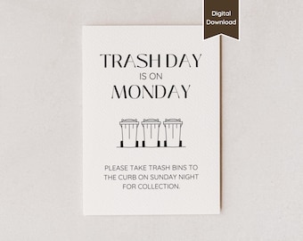 Trash Day is Monday Sign for Airbnb or Rental; Garbage & Recycling Info; A4/US Letter/5x7/8x10