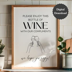 Letrero de regalo de vino de cortesía para Airbnb o empresas; champán gratis con nuestras cortesías; A4, carta de EE. UU., 5 x 7; imprimible y personalizable