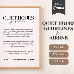 Política e instrucciones sobre el horario de silencio para Airbnb y alquileres a corto plazo; Respeto a nuestros vecinos; Carta de EE. UU., A4, 5 x 7; Plantilla imprimible y editable