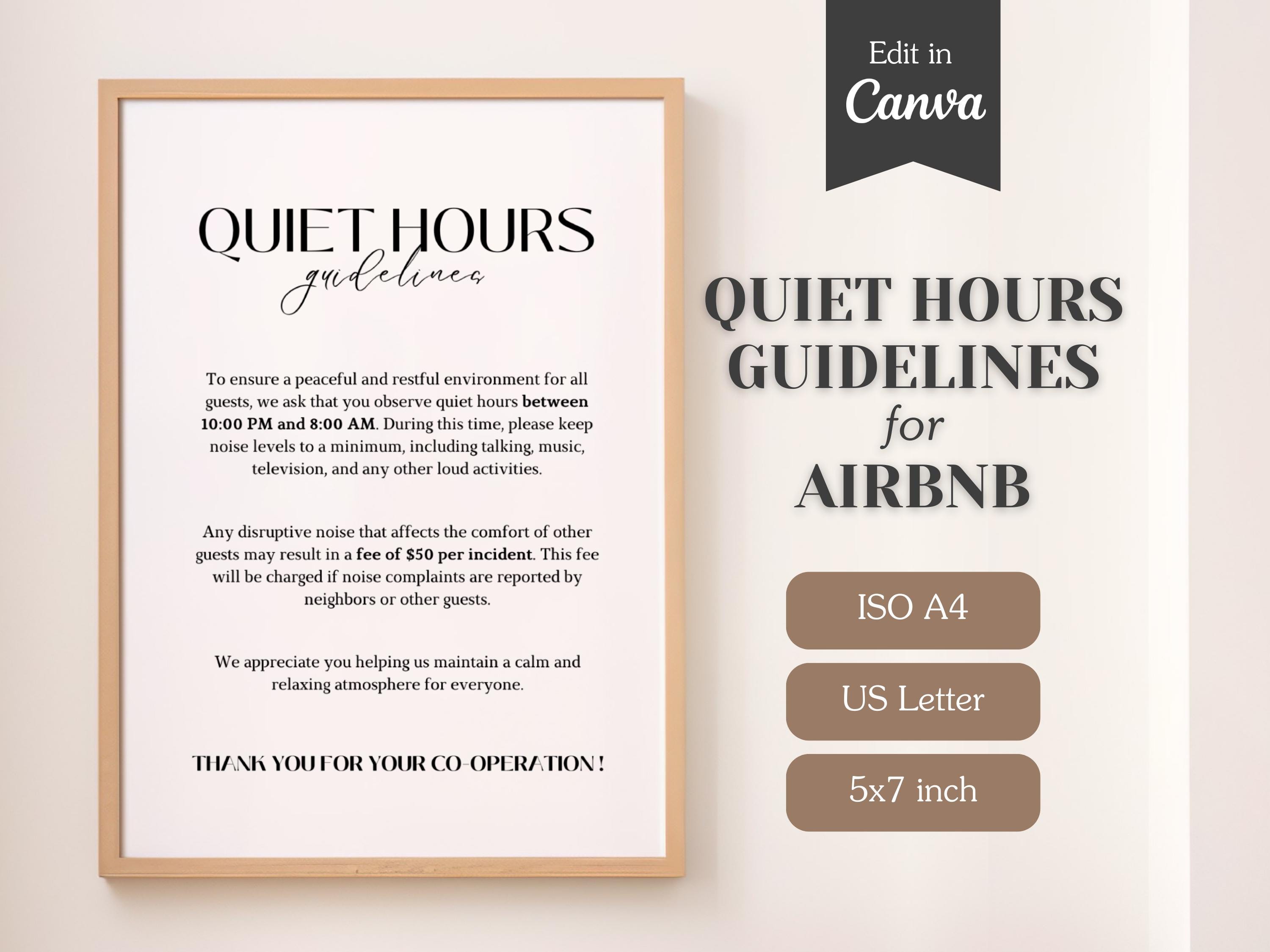 Quiet Hours Policy and Instructions for Airbnb or Short-term Rental;  Respect Our Neighbors; US Letter, A4,5x7; Printable & Editable Template -  Etsy