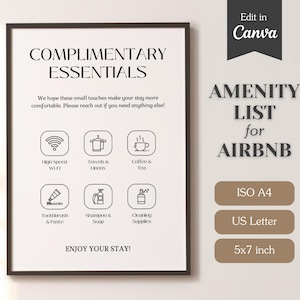 Lista minimalista de artículos de cortesía para anfitriones de Airbnb; plantilla Canva totalmente personalizable; tamaño A4, carta de EE. UU.; lista de artículos esenciales gratuitos para huéspedes