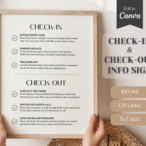 Instrukcje dotyczące zameldowania i wymeldowania Podpisz dla AirBnB lub VRBO; W PEŁNI dostosowywalne w Canva; Lista kontrolna dla pensjonatu; Oznakowanie wynajmu wakacyjnego