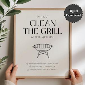 Letrero para Airbnb que dice "Limpiar la parrilla después de usarla"; reglas e instrucciones para el uso de la barbacoa; carta de EE. UU., A4,5 x 7; letrero imprimible y plantilla personalizable de Canva