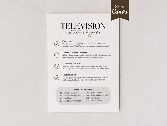 Airbnb Television / Cable Channel Guide Sign; Roku TV, Netflix, Remote Instructions; Sign for Rental; Edit & Print; A4, US Letter, 5x7, 8x10