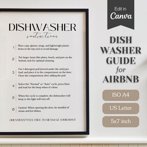 Letrero con instrucciones para lavavajillas para Airbnb o alquileres vacacionales; letrero imprimible en PDF y editable; guía de limpieza para lavavajillas; tamaño A4, carta (EE. UU.), 5 x 7