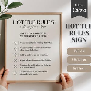 Señal de normas y seguridad para jacuzzis para alquileres de Airbnb o VRBO, plantilla Canva totalmente personalizable, tamaño carta A4 (EE. UU.), instrucciones para piscina y jacuzzi.