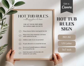 Hot Tub Rules & Safety Sign for Airbnb or VRBO Rental, FULLY Customizable Canva Template, A4 US Letter, Swimming Pool + Jacuzzi Instructions